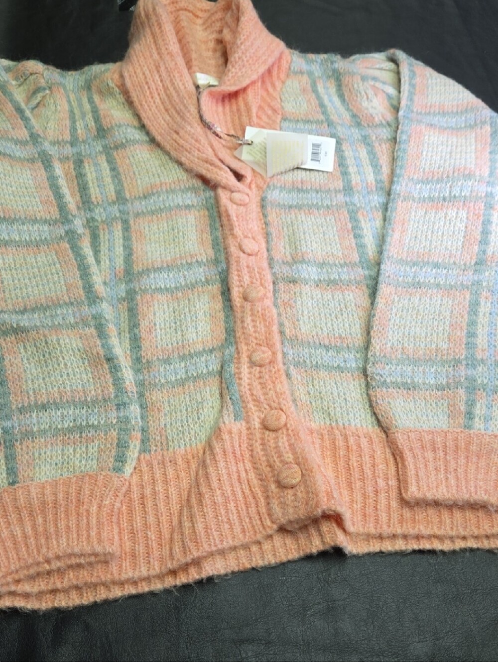 LoveShackFancy Peach and Light Gray Plaid Knit Cardigan